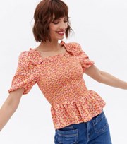 New Look Pink Ditsy Floral Shirred Peplum Blouse